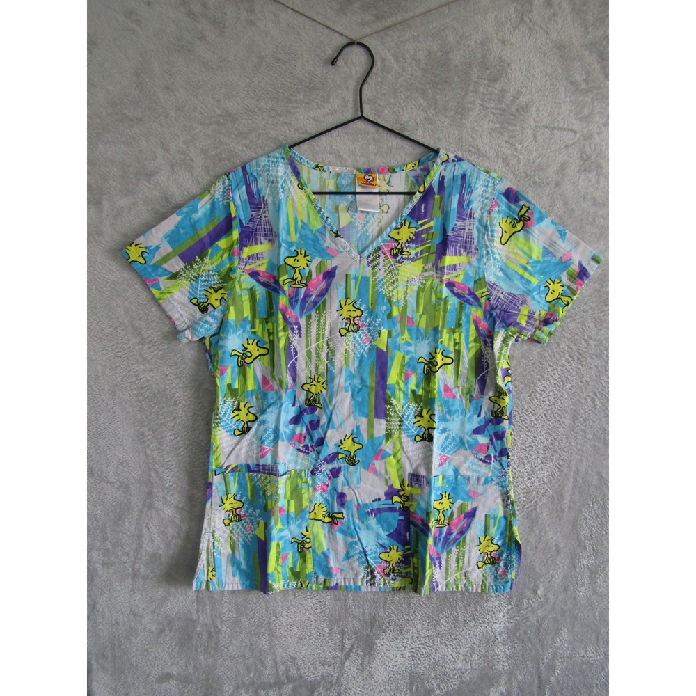 Peanuts Woodstock Scrub Top Small Blue Green Abstract V-Neck